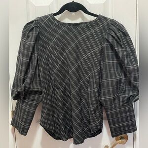 Gracia Black and White Checkered Puff Sleeve Blouse